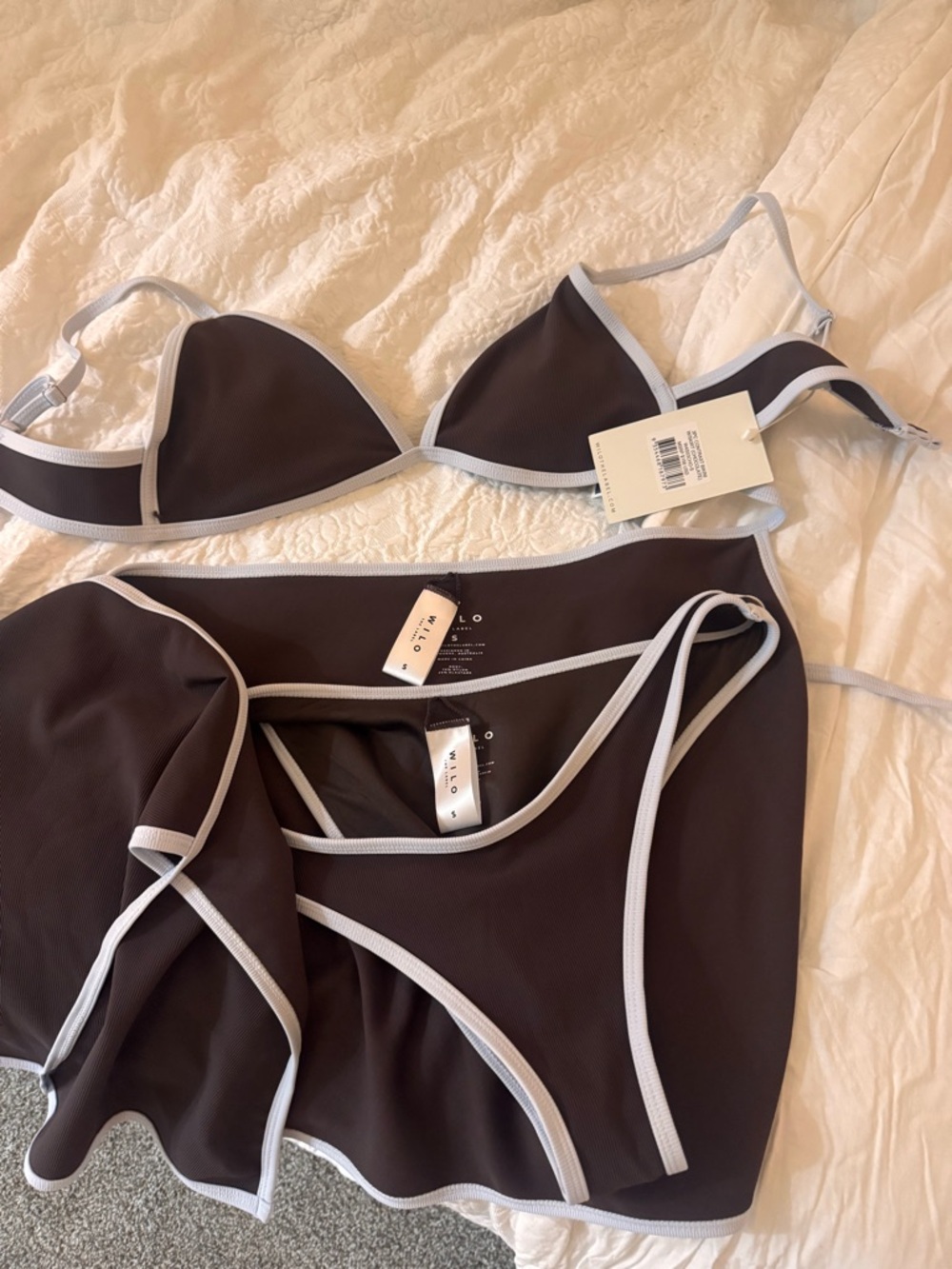 NWT WILO Brown Bikini Set with Light Blue Trim Size S SOLD OUT